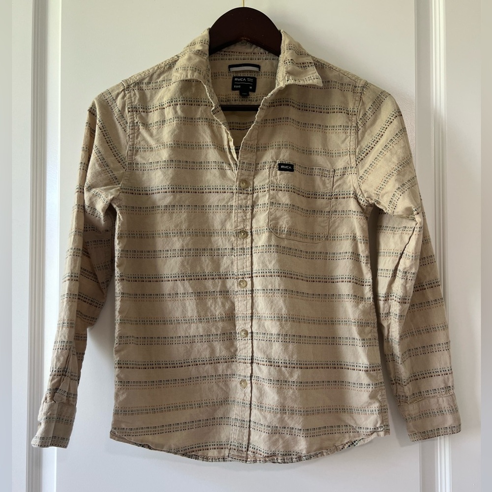 RVCA Boys Med Tan Casual Long Sleeve Button Down Shirt Relaxed Fit 100% Cotton